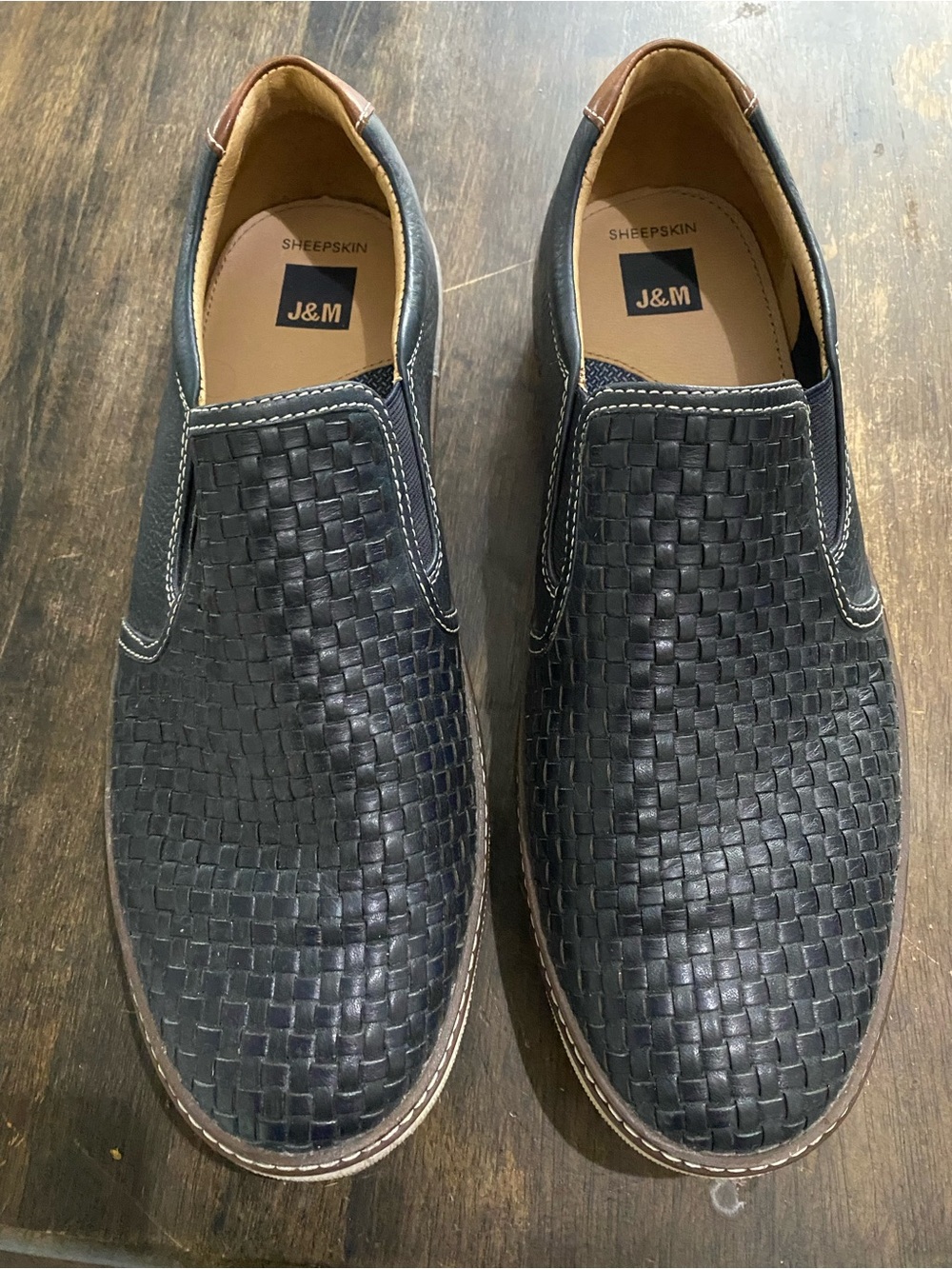J&M Men’s Navy Woven Leather Slip-On Loafers